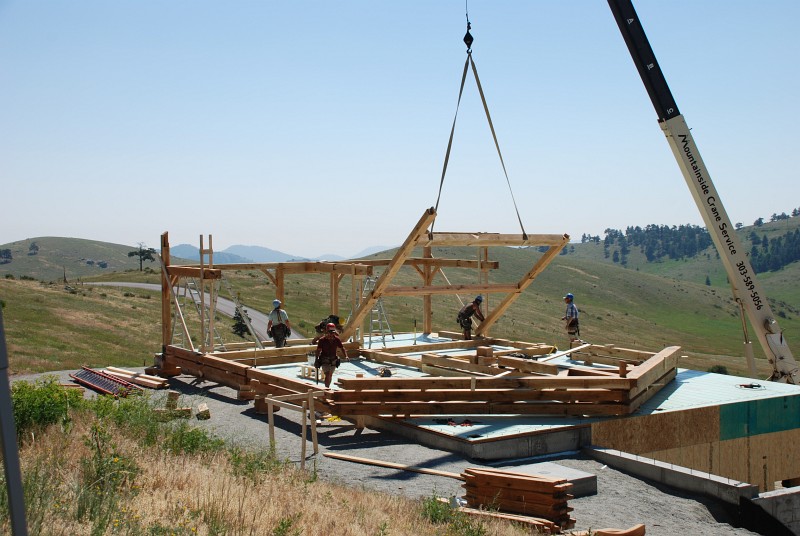 The south half of bent 5 is being raised into place.