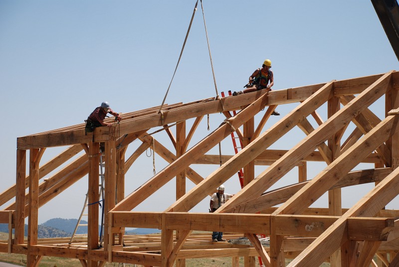 More shed dormer rafters are set.