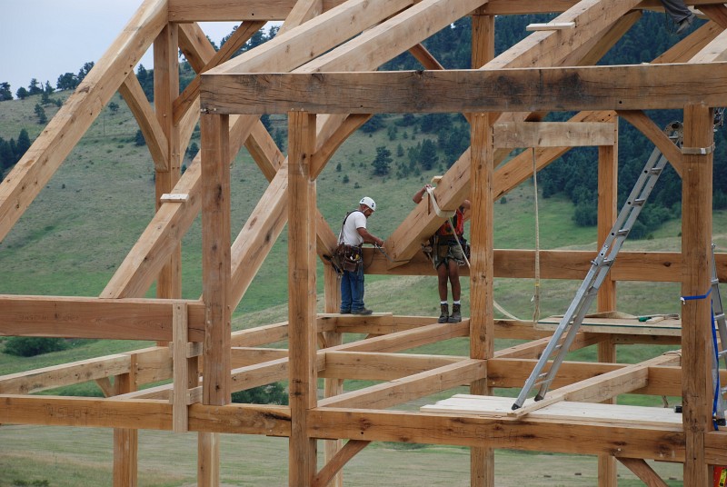 Jaime and Matt place a valley rafter for the gable.