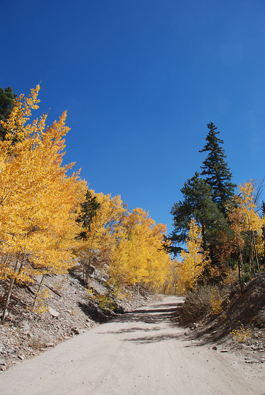 The road is single-track in a few places, owing to the fact that it was originally a foot path, a wagon road and then the railroad bed for the Denver, South Park and Pacific Railroad beginning in 1882.