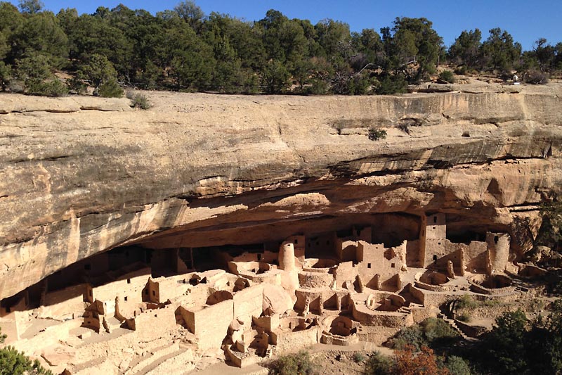 This cliff dwelling, called "Cliff Palace" in modern times, was built between 1260 and 1280 AD. The Anasazi indians built about 150 rooms, 75 open spaces and 21 kivas (a room for ceremonies) here, all in a space that is about 215 feet wide, 90 feet deep and 60 feet high. Within a hundred years, all the inhabitants had left, perhaps due to drought or political change within their community.