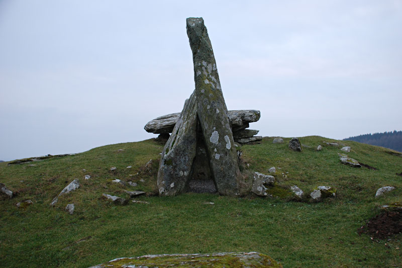 <h3>Cairnholy I & II</h3>Cairnholy II is about 150 meters away and of similar - though less elaborate - construction. Both sites were excavated in the 1940's by Stuart Piggott and T. G. E. Powell. The soil is very acidic, so human remains had all been dissolved by the time the anthropologists started their investigation.