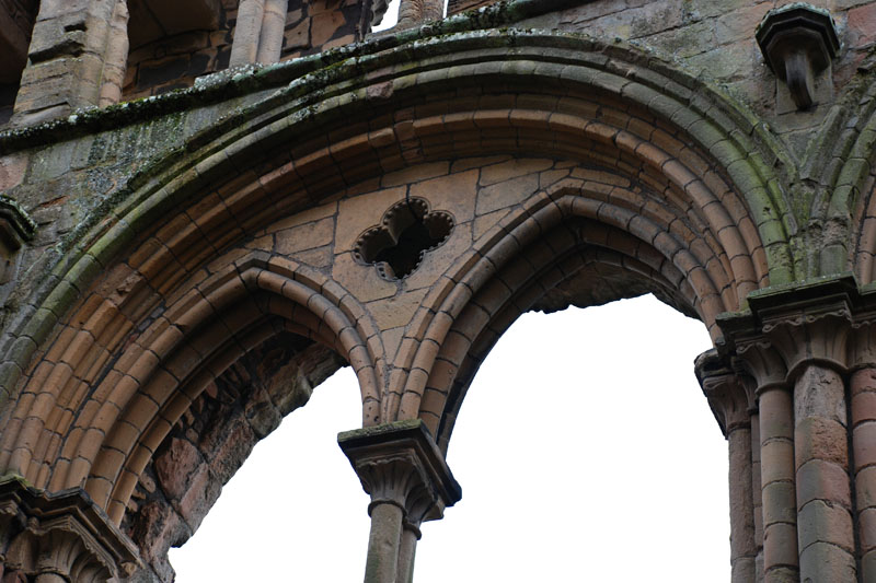 <h3>Jedburgh Abbey</h3>The round arches show a Roman influence. The pointed arches are Victorian, and were sometimes added to the older Roman arches as a way to update the structure.