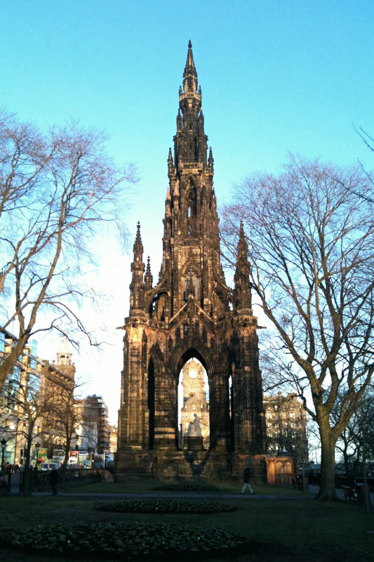 <h3>Miscellaneous Items</h3>This is a monument to Sir Walter Scott (b. 1731, d. 1832) in Edinburgh. Scott was a popular poet and writer during his time. Sir Scott helped plan the visit of King George IV to Edinburgh in 1822. Tartan was a big part of the event, and the public became enamored with named tartans. A number of sources catered to the public's interest in tartans, although often the tartans and their association to a particular clan were dubious. The result is that many tartans in use today are only about 200 years old. <span class='myGreyFont'>[End of series. <a href='../index.html'>Return</a> to the Photos page.]</span>