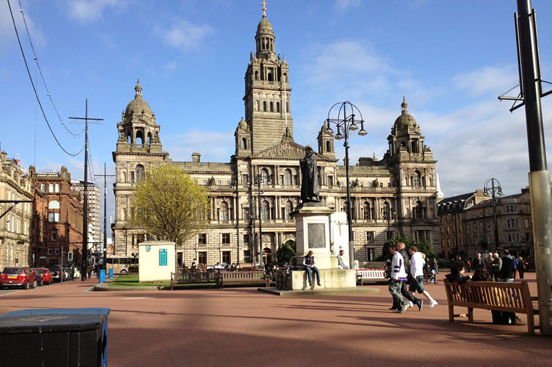 Here's George Square, named after King George III when it was laid out in 1781. The statue in the picture is of the author Sir Walter Scott, erected 5 years after his death in 1837.