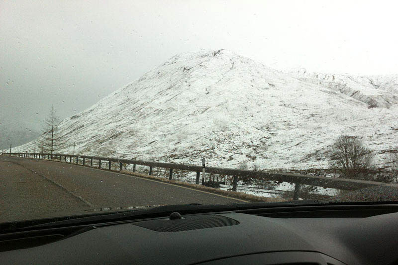 The first week I was in Scotland, it snowed about a foot in England and the Highlands. This closed roads and brought down powerlines in many areas. We waited a week then rented a car to drive into the highlands. The highest point along our route was about 4,000'.