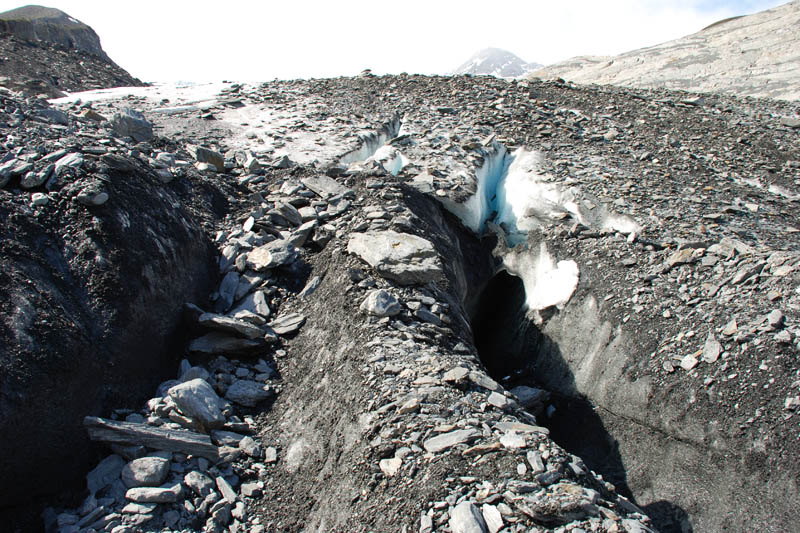 It's all ice here. It's possible to fall into a crevasse after the ice gives way under your weight, so hikers need to be very careful.